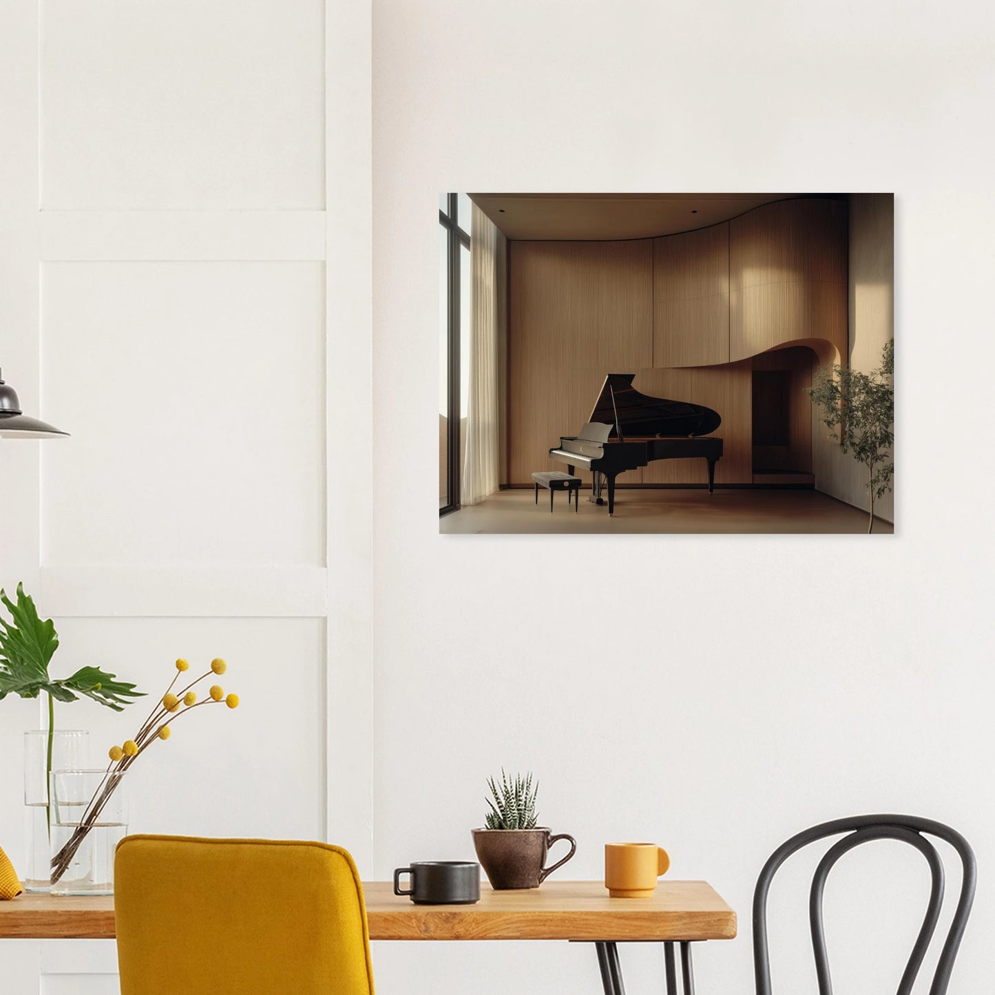 modernes musikzimmer mit klavierflügel zeitgenössische wandkunst für wohnräume