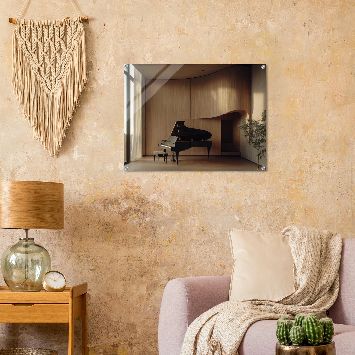 modernes musikzimmer mit klavierflügel im wohnzimmer als zeitgenössische wandkunst