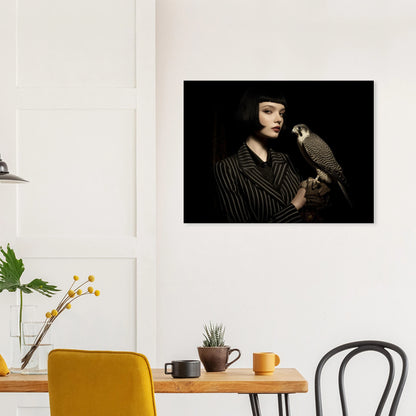 minimalistisches frauenportrait mit falke modernes wandbild  im esszimmer