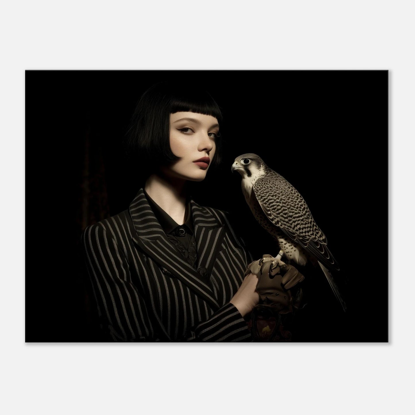 elegantes frauenportrait mit falke moderne wandkunst