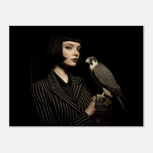 elegantes frauenportrait mit falke moderne wandkunst