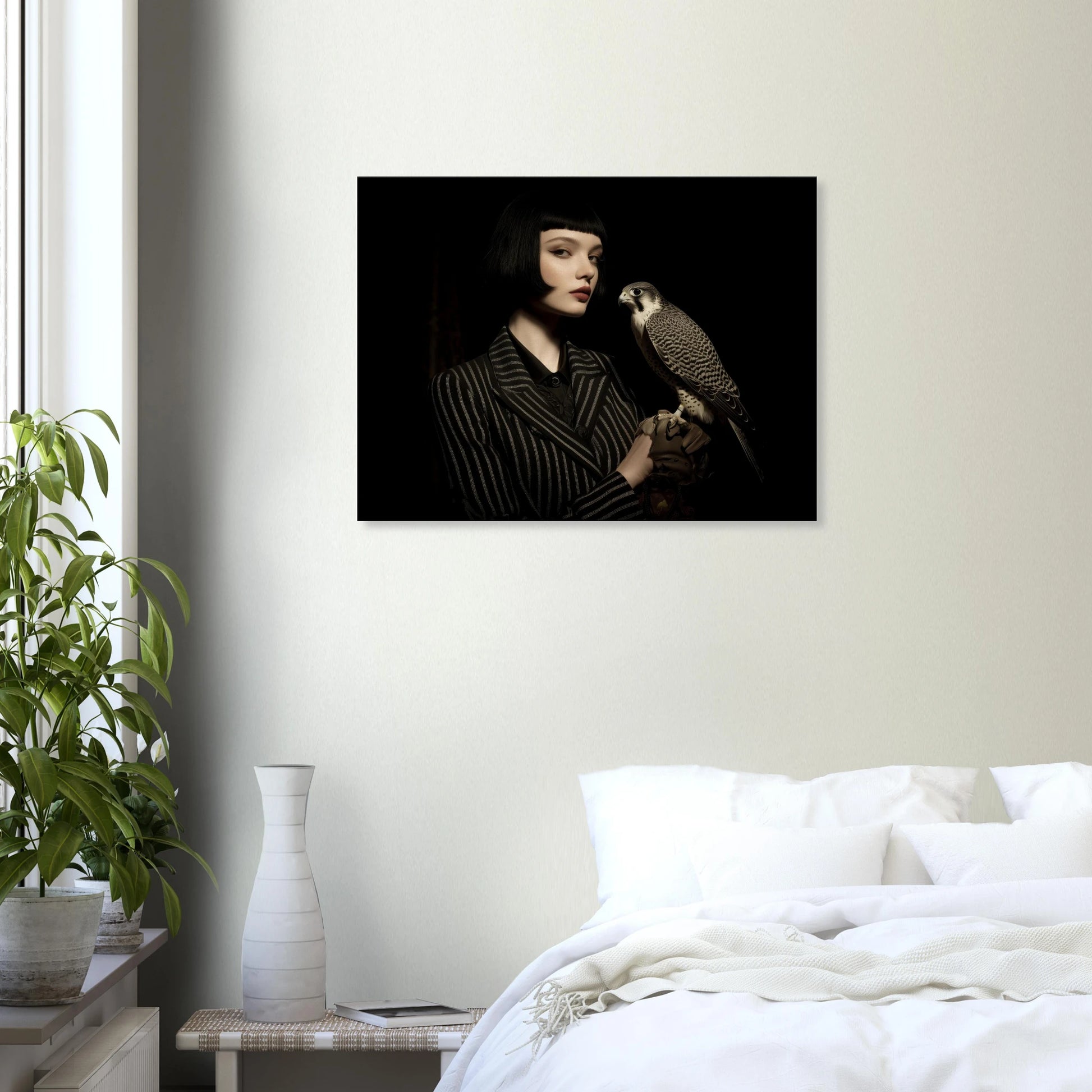 elegantes frauenportrait mit falke im schlazimmer moderne wandkunst