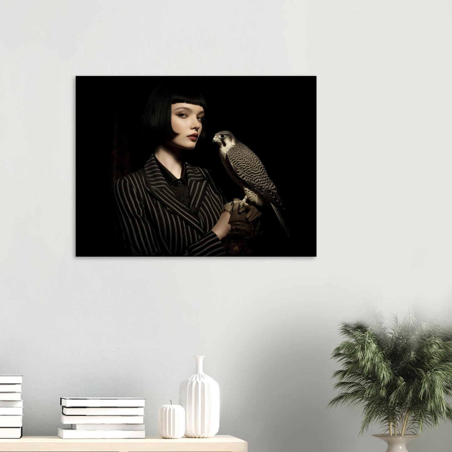 minimalistisches frauenportrait mit falke modernes wandbild  im wohnzimmer