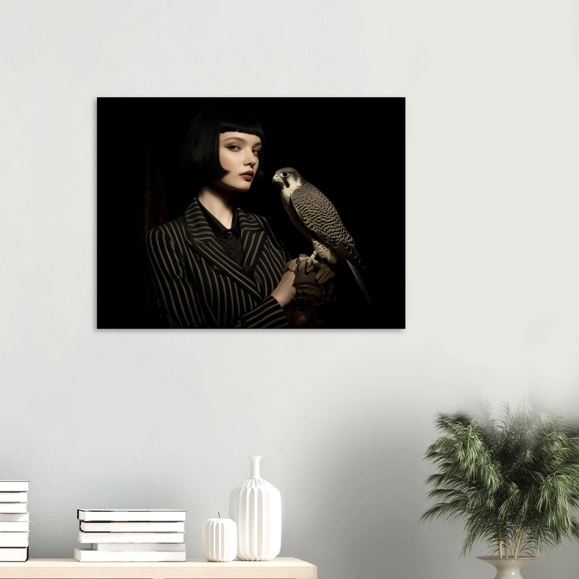 minimalistisches frauenportrait mit falke modernes wandbild  im wohnzimmer
