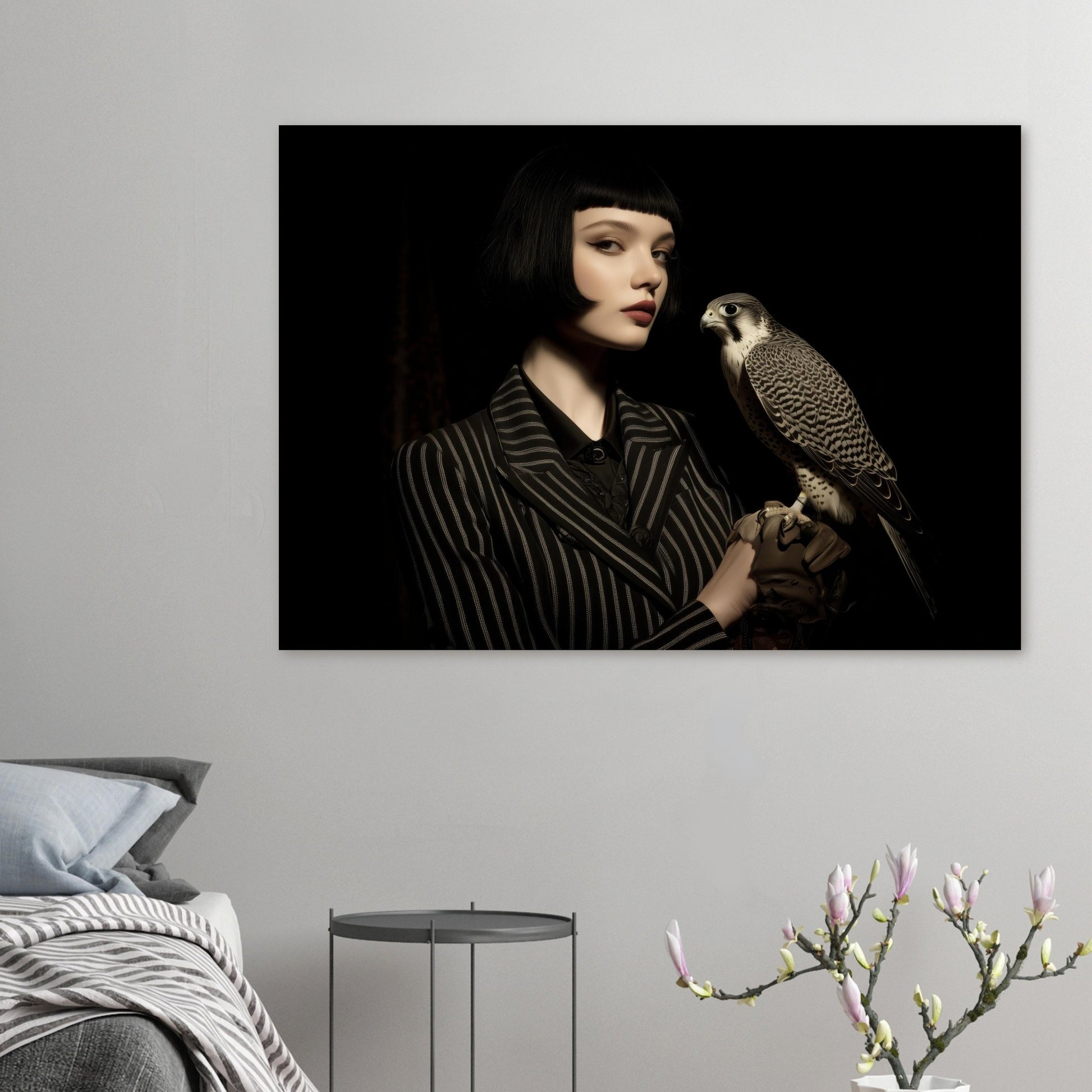 minimalistisches frauenportrait mit falke modernes wandbild  im schlafzimmer