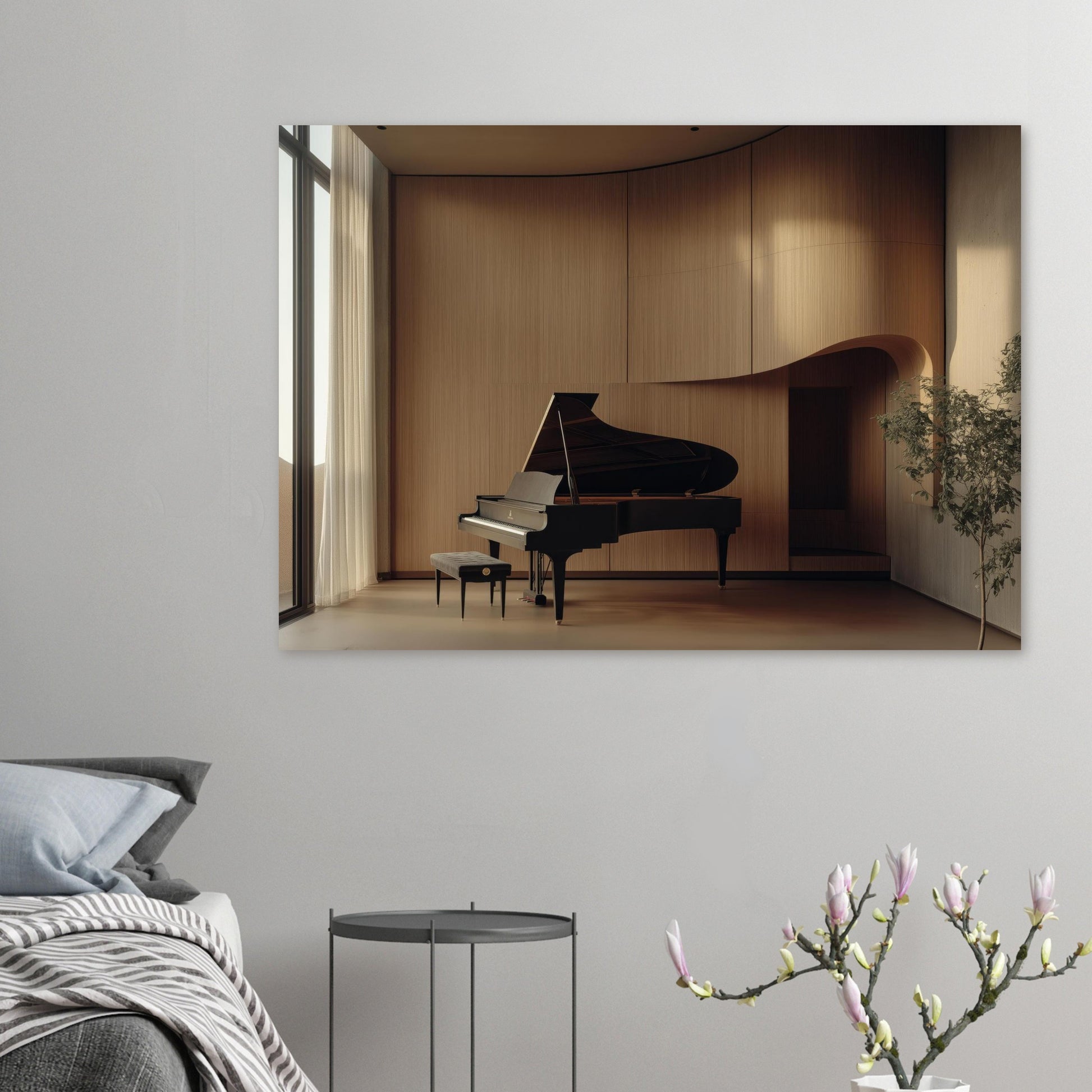 modernes musikzimmer mit klavierflügel zeitgenössische wandkunst für schlafräume