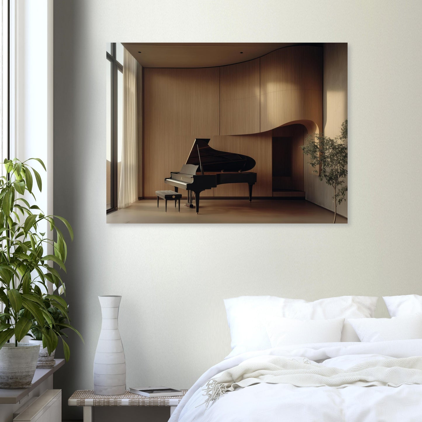 modernes musikzimmer mit klavierflügel zeitgenössische wandkunst für schlafräume