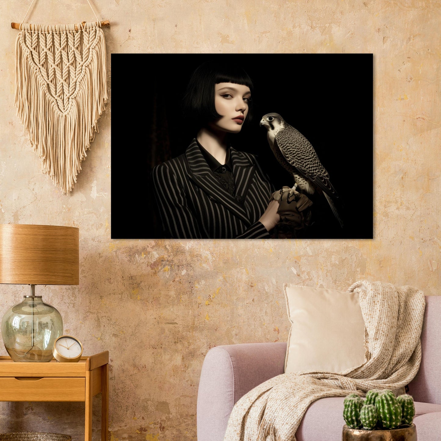 minimalistisches frauenportrait mit falke modernes wandbild  im wohnzimmer