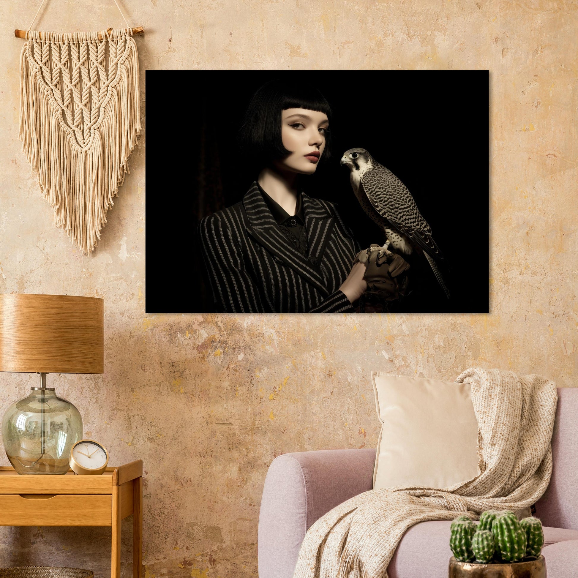 minimalistisches frauenportrait mit falke modernes wandbild  im wohnzimmer