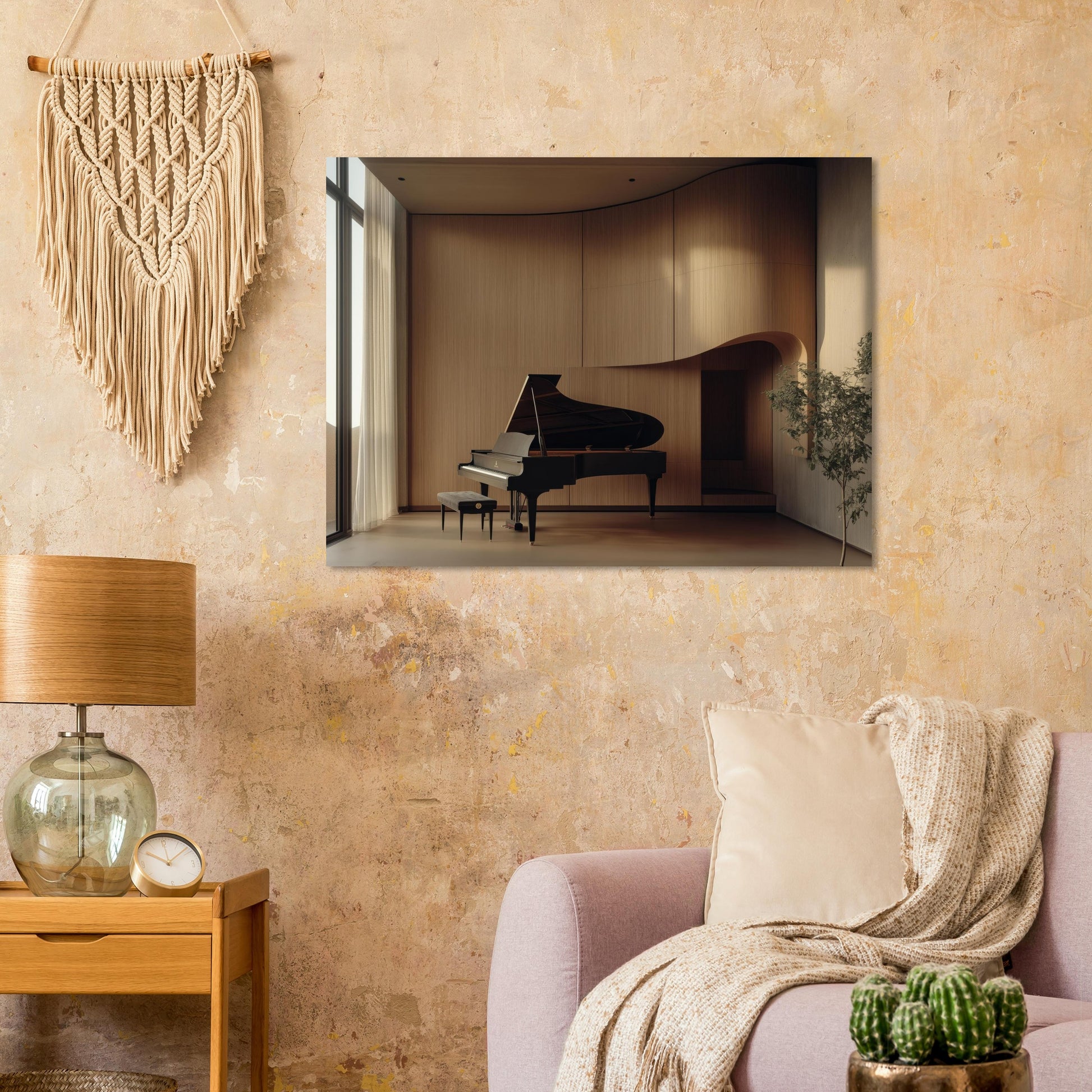 modernes musikzimmer mit klavierflügel zeitgenössische wandkunst für wohnräume