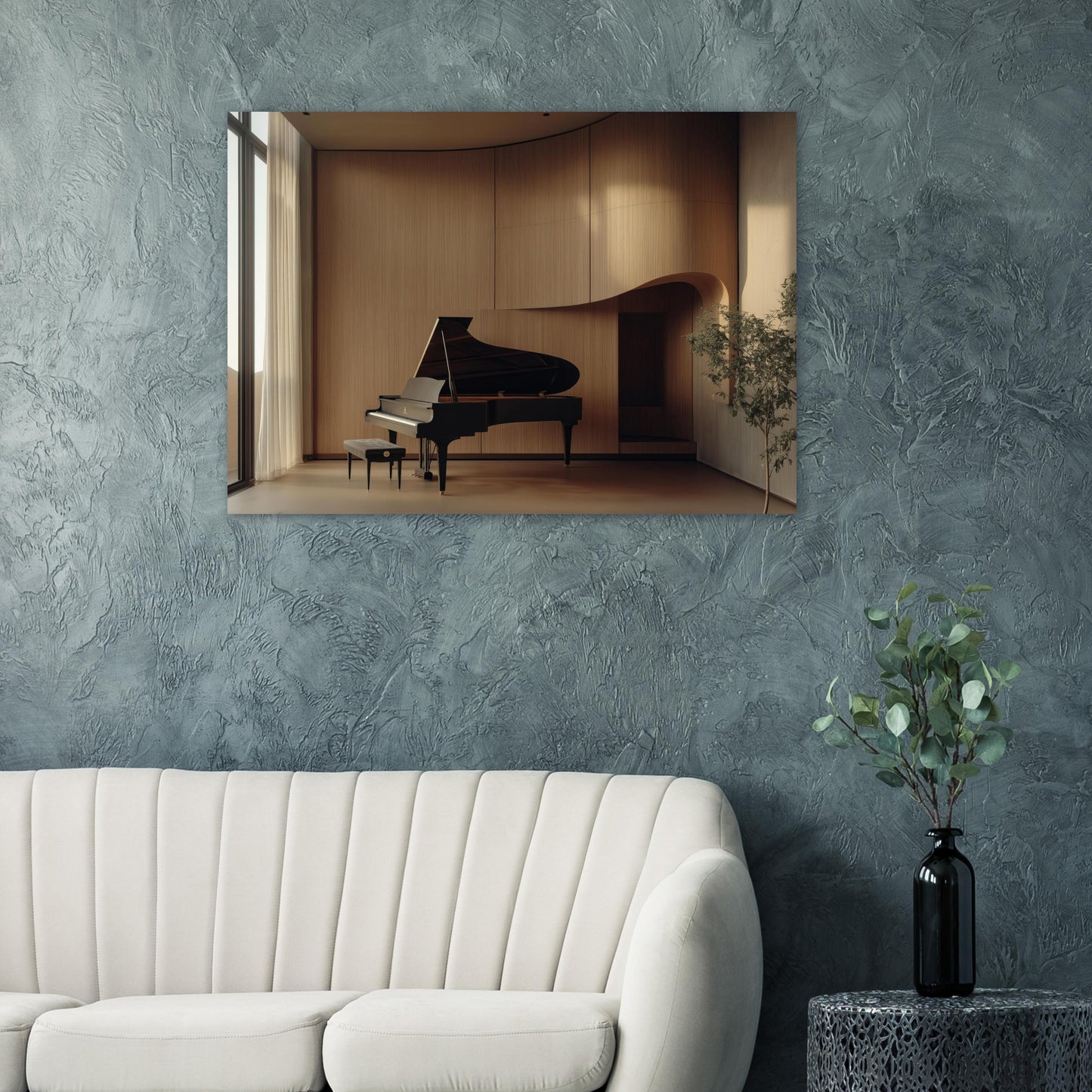modernes musikzimmer mit klavierflügel zeitgenössische wandkunst für wohnräume