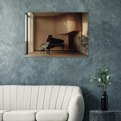 modernes musikzimmer mit klavierflügel zeitgenössische wandkunst für wohnräume