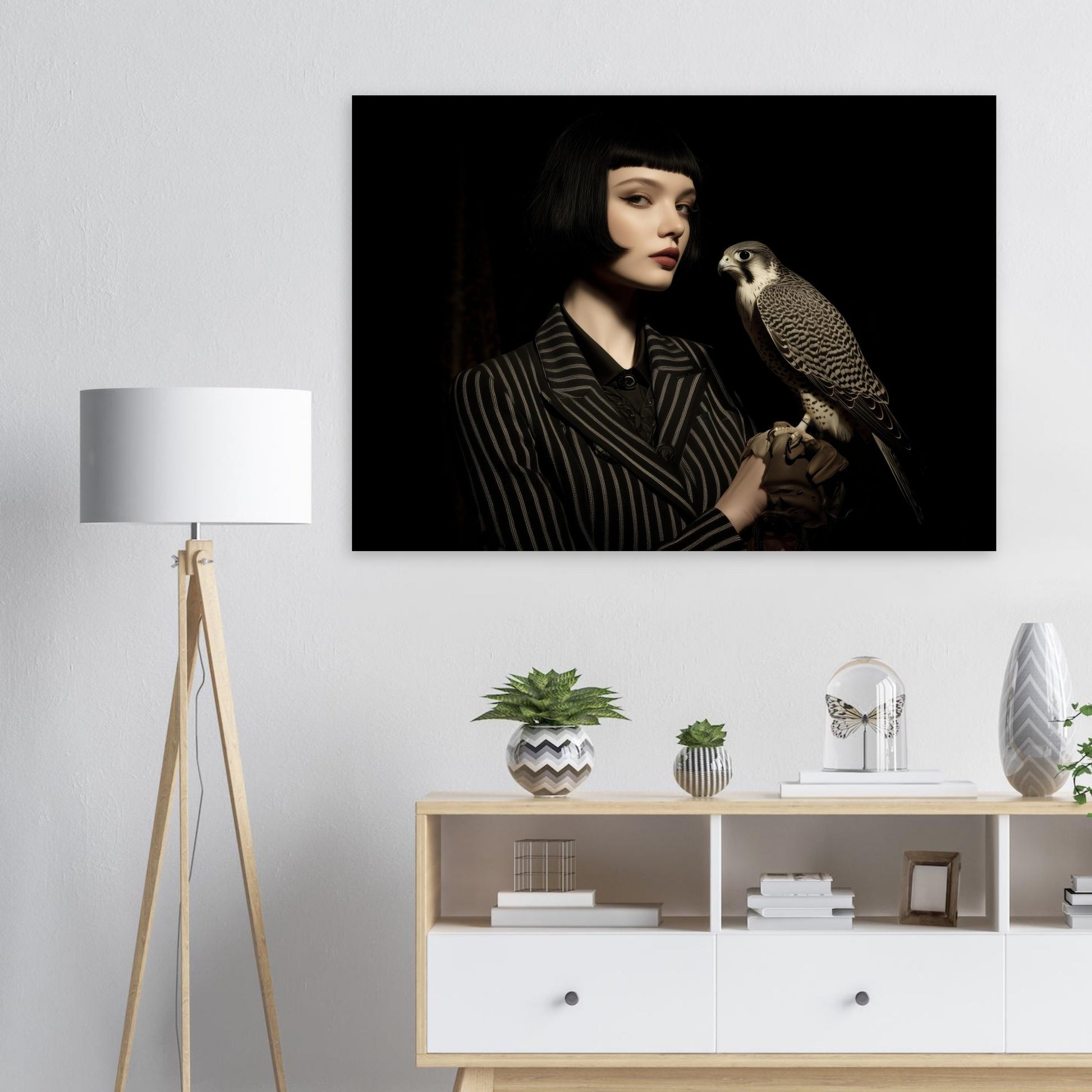 dunkles frauenportrait mit falke modernes wandbild  im wohnzimmer