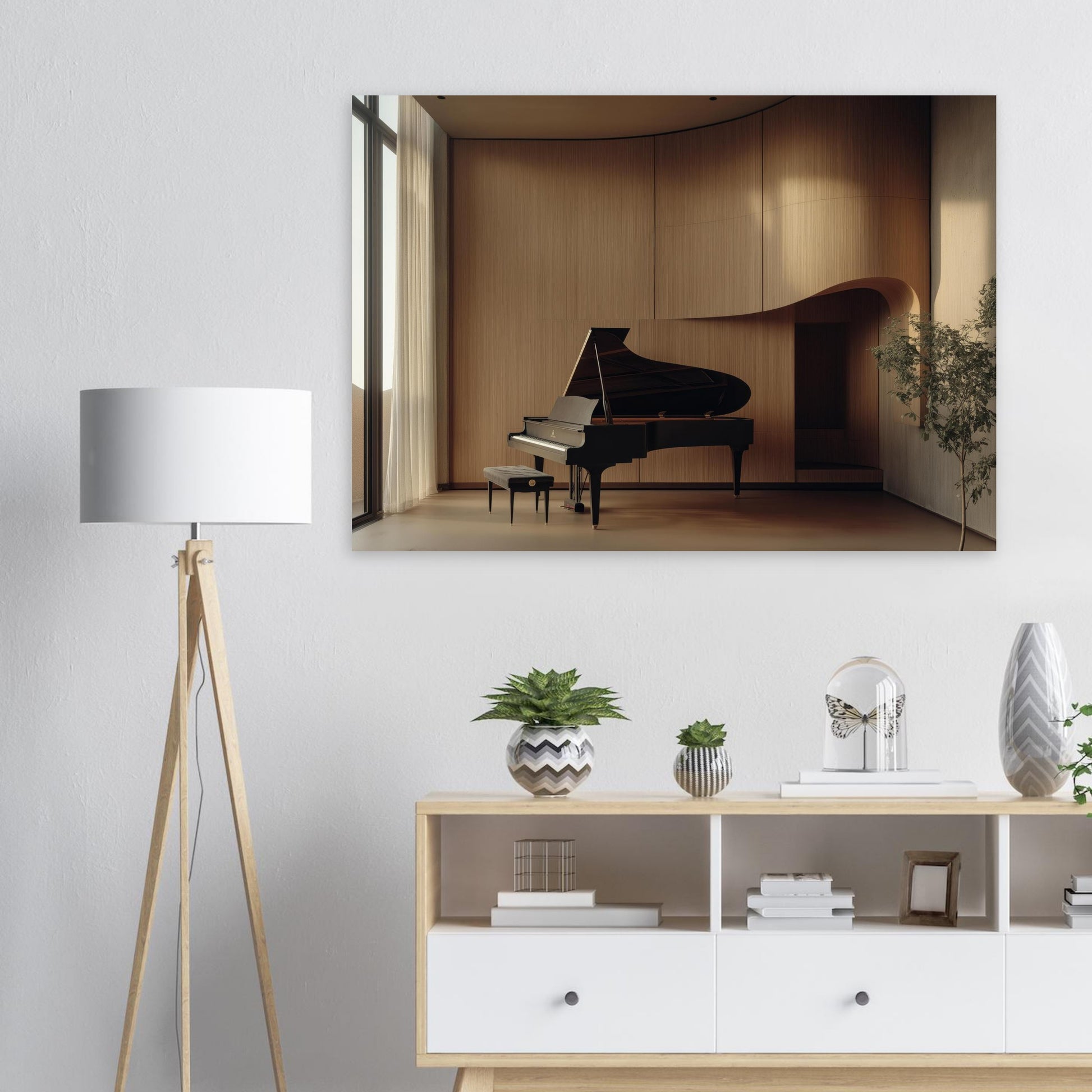 modernes musikzimmer mit klavierflügel zeitgenössische wandkunst für wohnräume