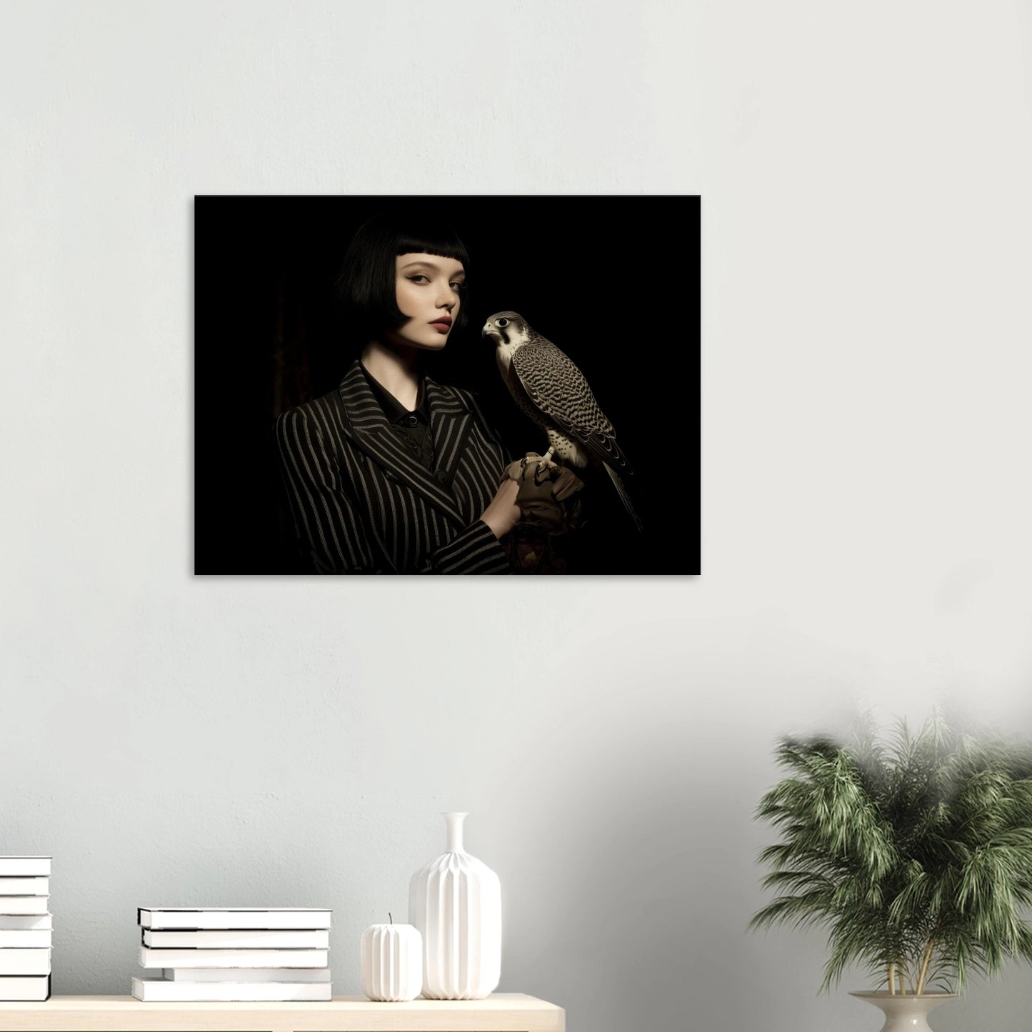 elegantes frauenportrait mit falke im hellen wohnzimmer moderne wandkunst