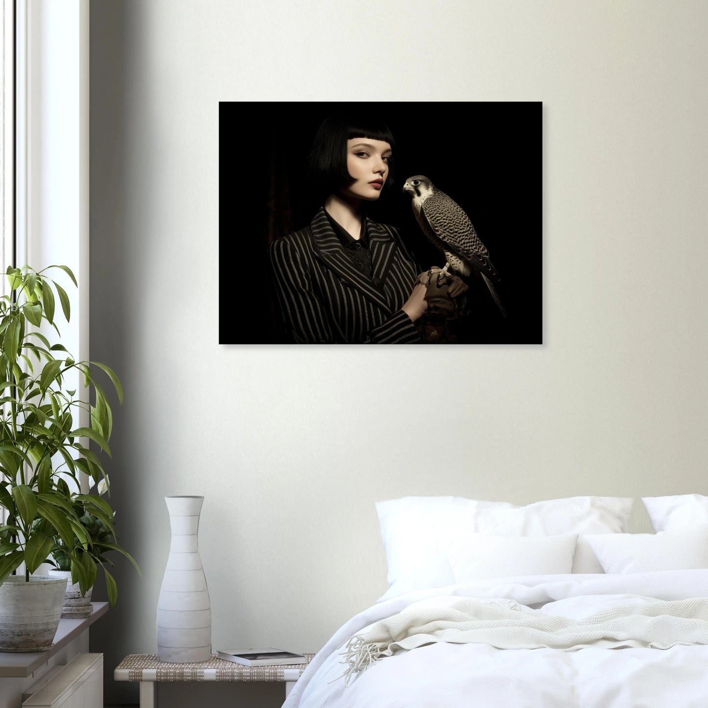 minimalistisches frauenportrait mit falke modernes wandbild  im schlafzimmer