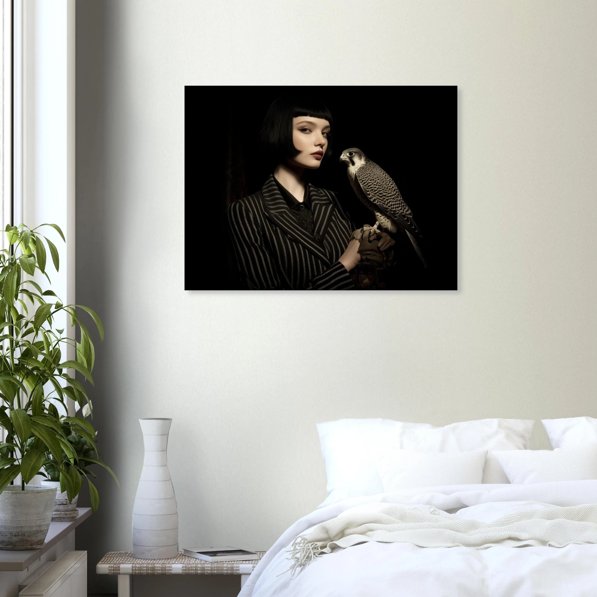minimalistisches frauenportrait mit falke modernes wandbild  im schlafzimmer